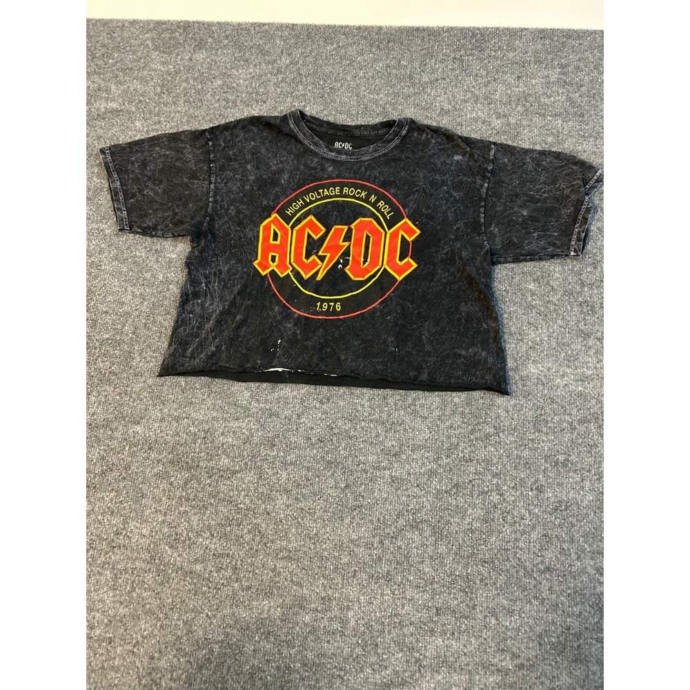 AC/DC T-Shirt Womens Size M Black Acid Wash Crop Top Graphic Rock Band Raw Hem